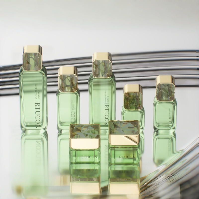 Mint Green Glass Skincare Bottle Set with Gold Cap