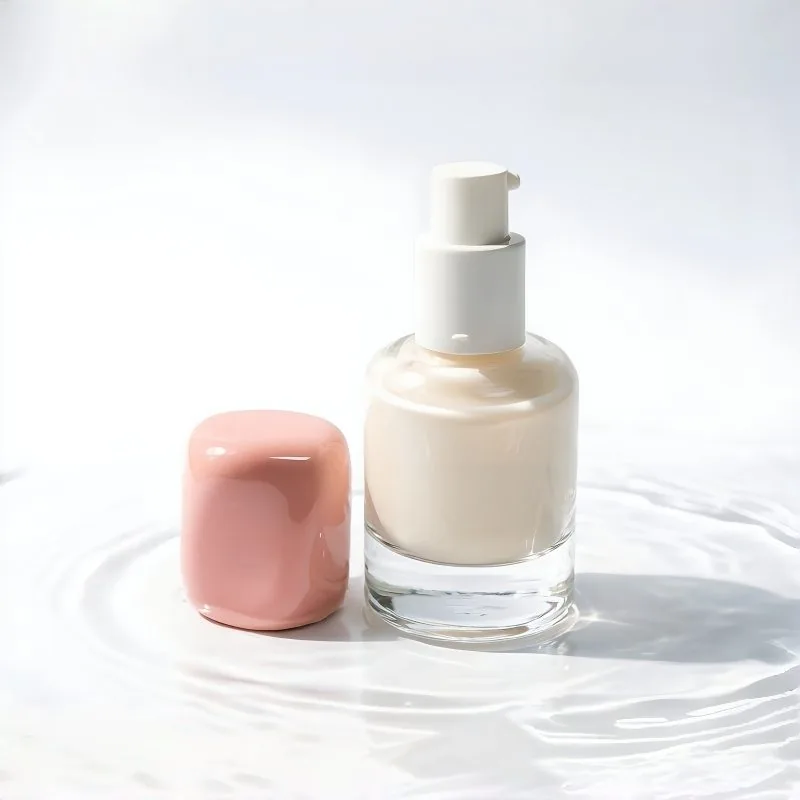 30ml Thick Bottom Round Glass Foundation Bottle with Glossy Peach Pink Cap