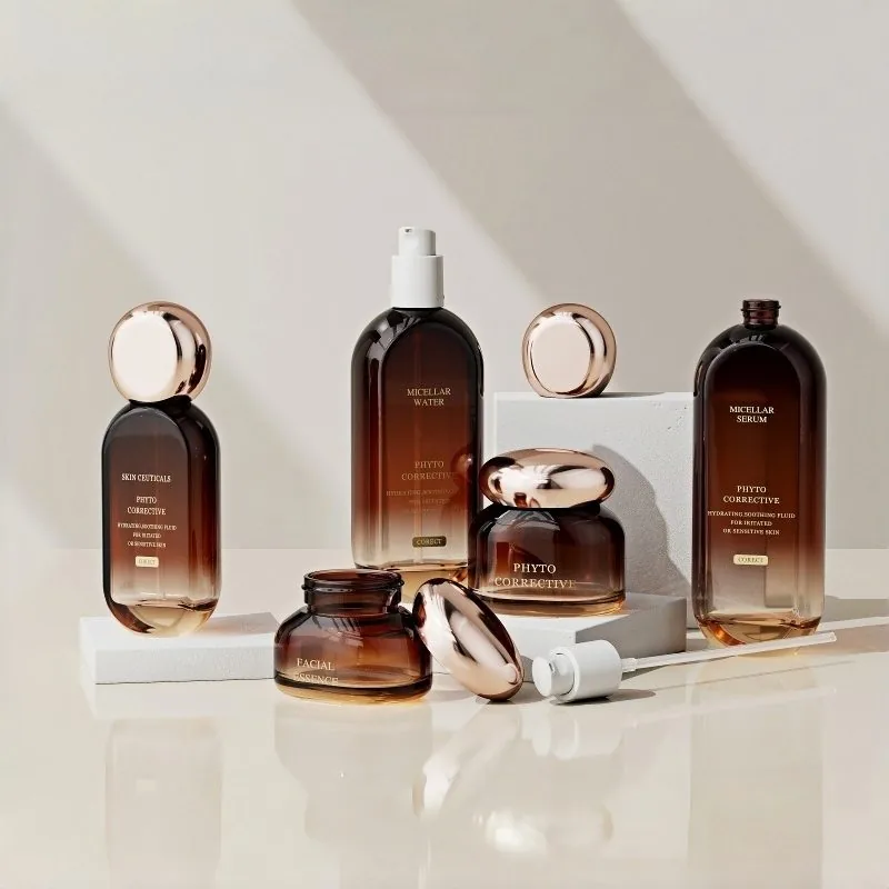 Amber Glass Cosmetic Bottle Set for Luxury Skincare
