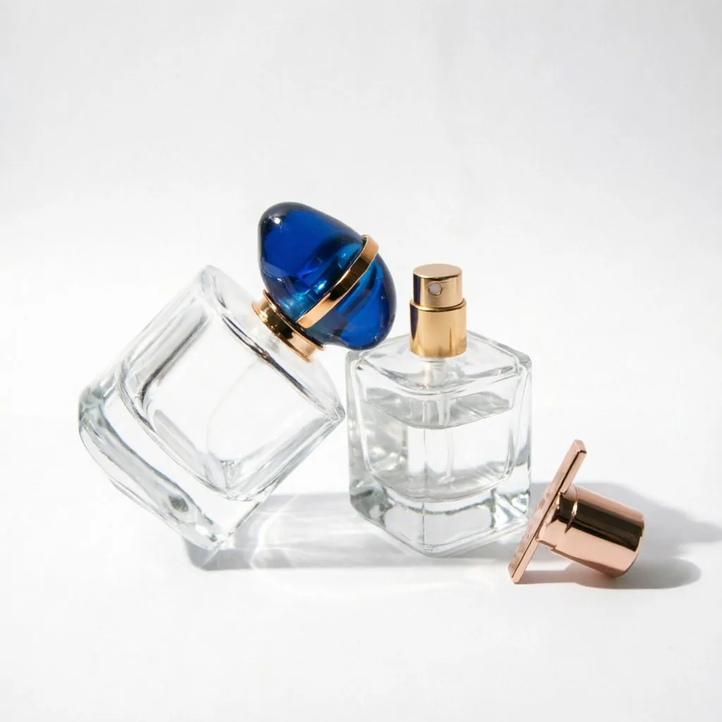Square Clear Glass Perfume Bottle with Blue & Rose Gold Cap 50ml