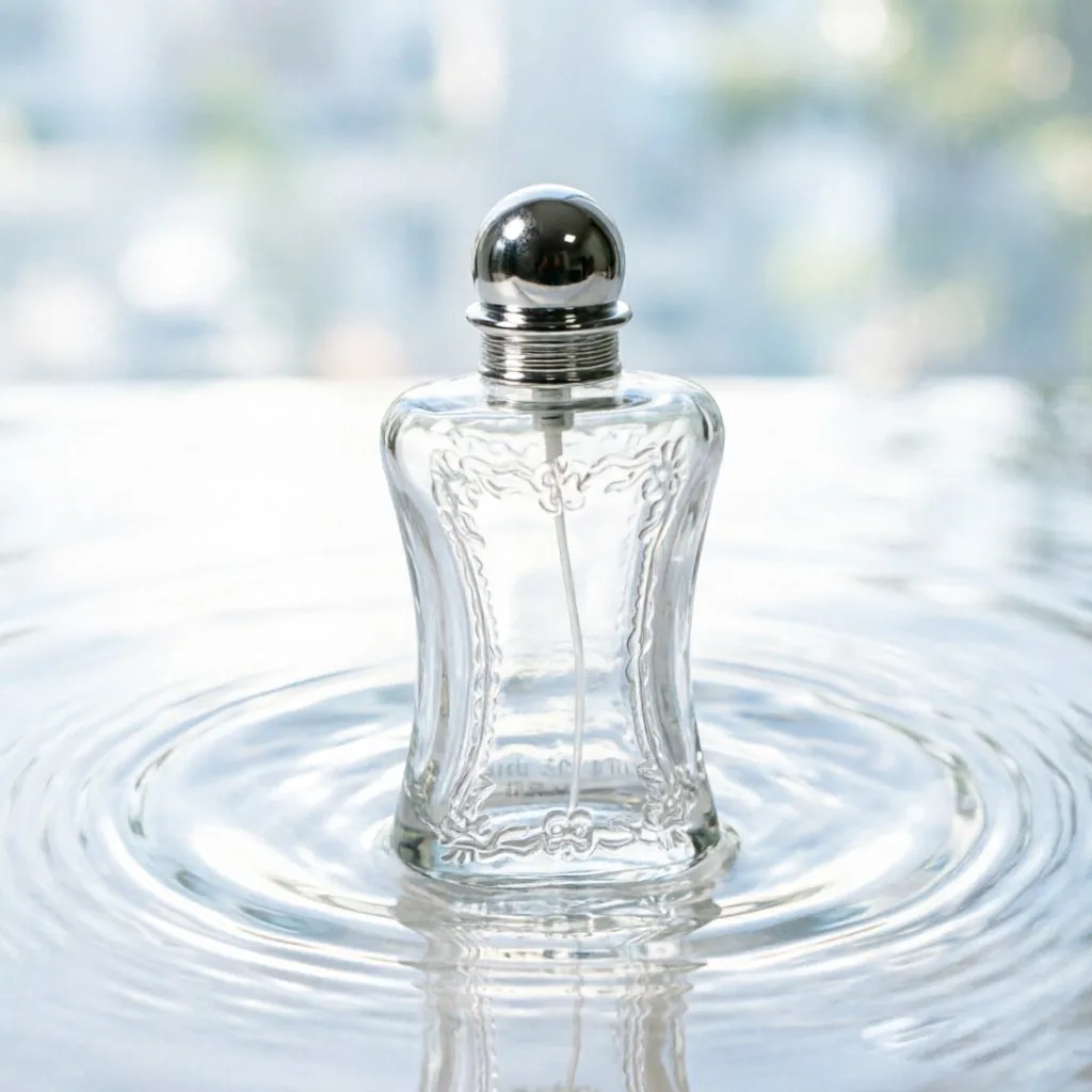 Curved Embossed Glass Perfume Bottle with Silver Ball Cap 50ml