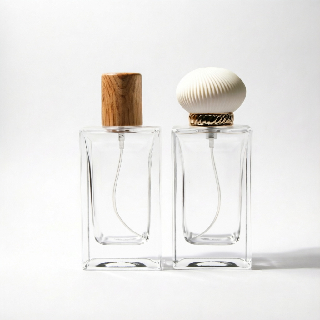 Square Glass Perfume Bottle with Wooden Cap or Shell Cap 50ml
