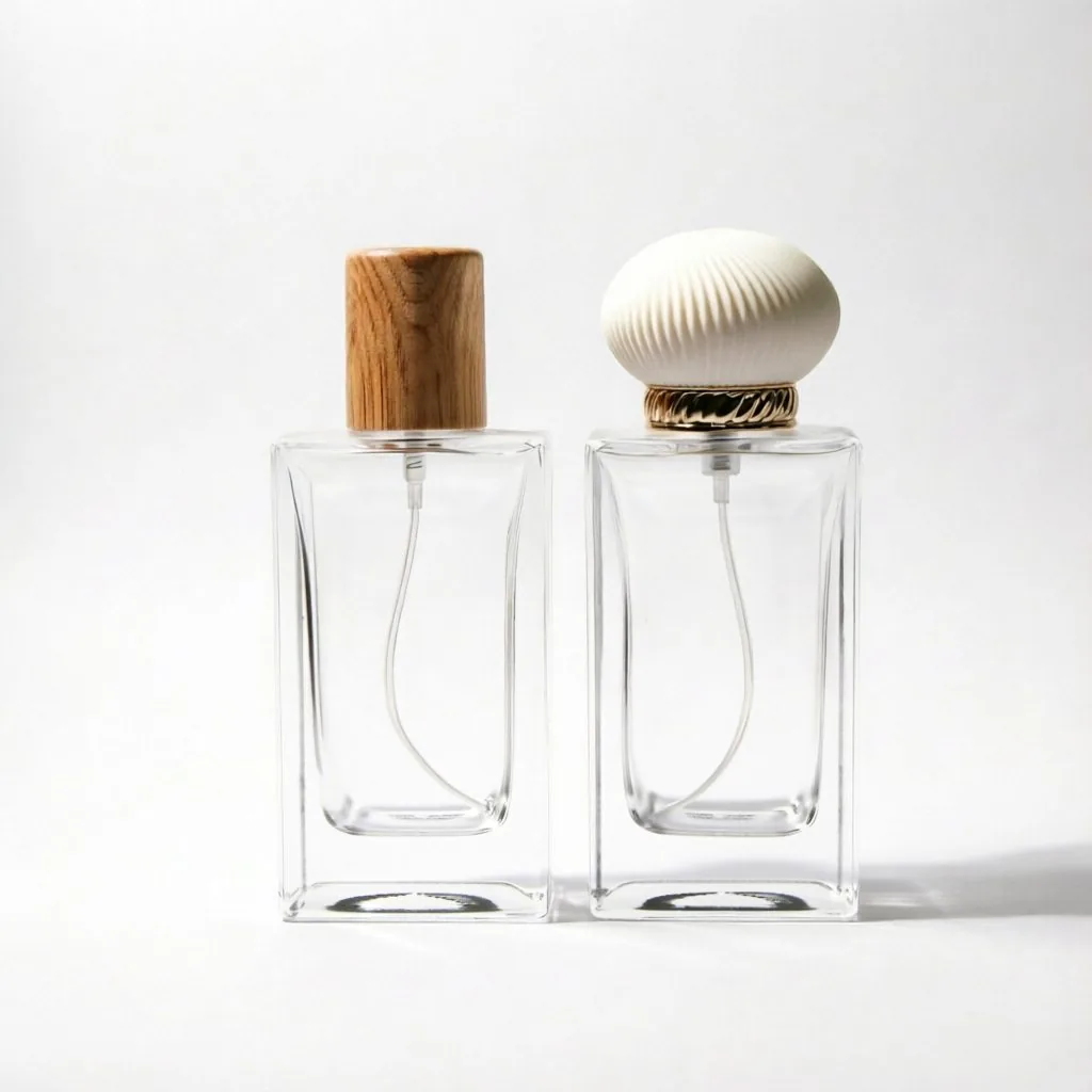 Square Glass Perfume Bottle with Wooden Cap or Shell Cap 50ml