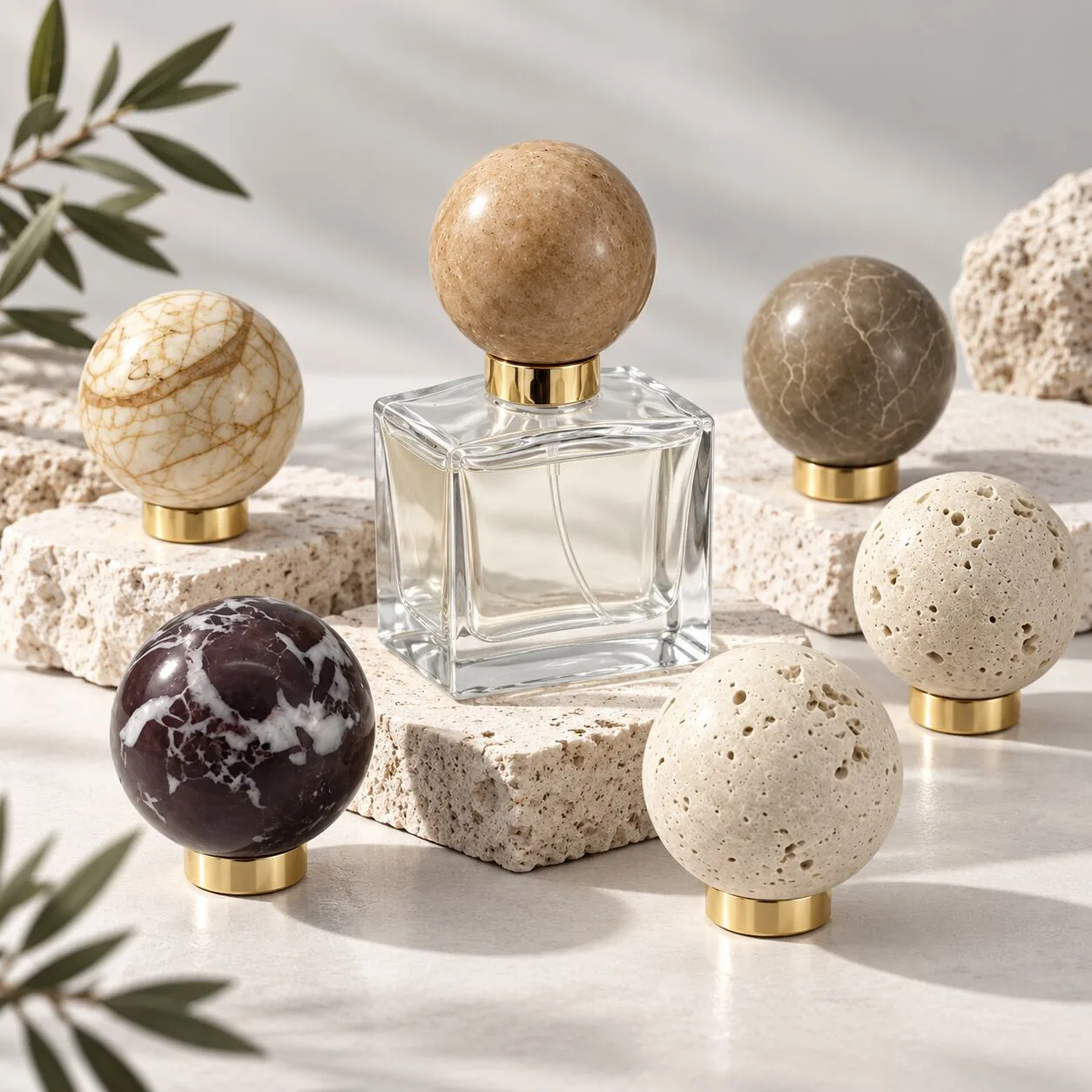 Stone-Style Spherical Cosmetic Bottle Cap with Gold-Tone Collar