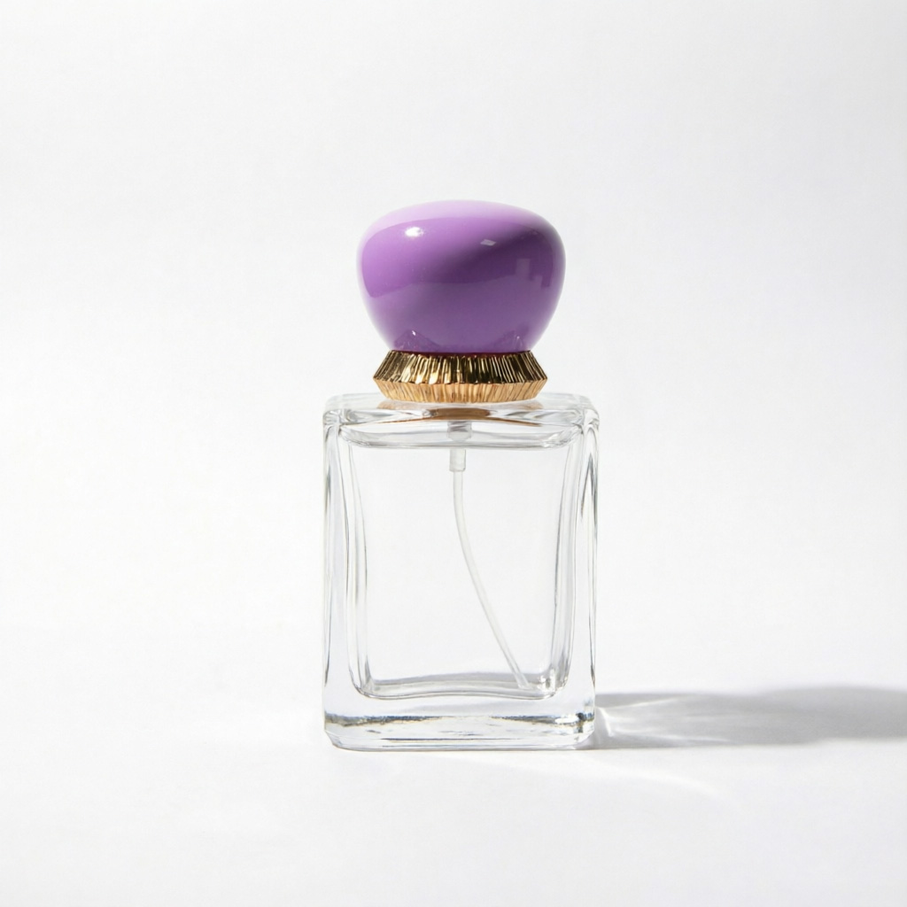 Classic Square Glass Perfume Bottle with Purple Oval Gold Cap 50ml