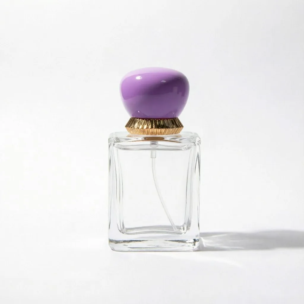 Classic Square Glass Perfume Bottle with Purple Oval Gold Cap 50ml
