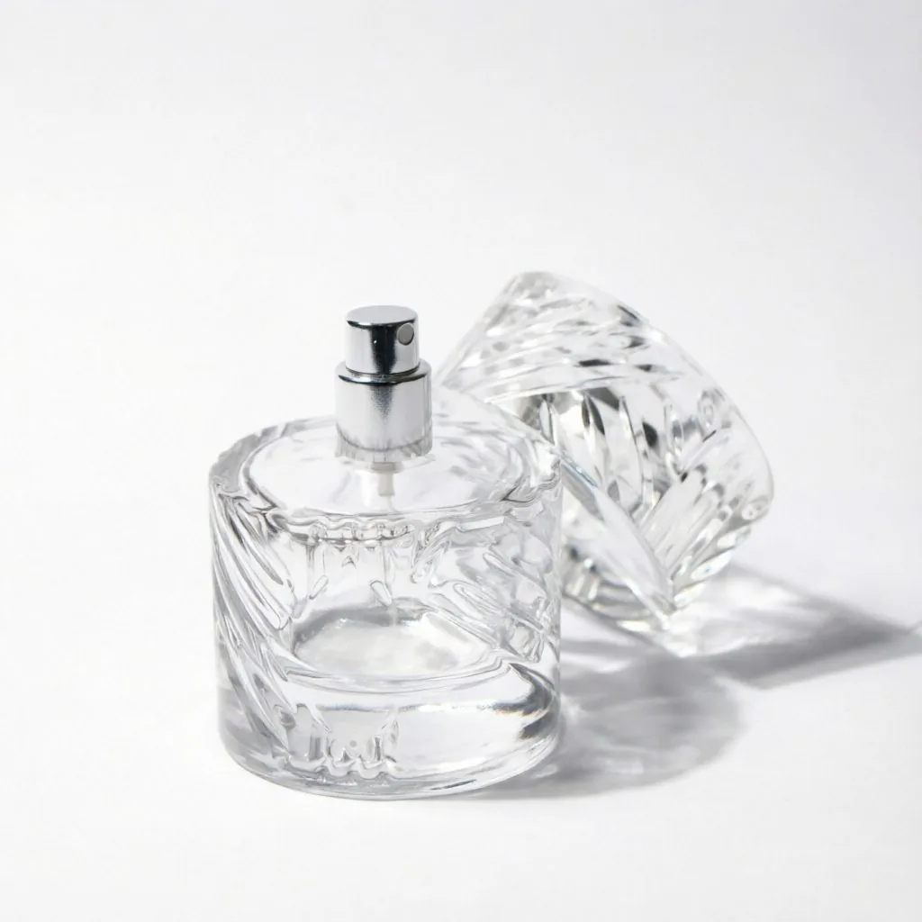 Embossed Round Glass Perfume Bottle with Silver Spray Pump 50ml