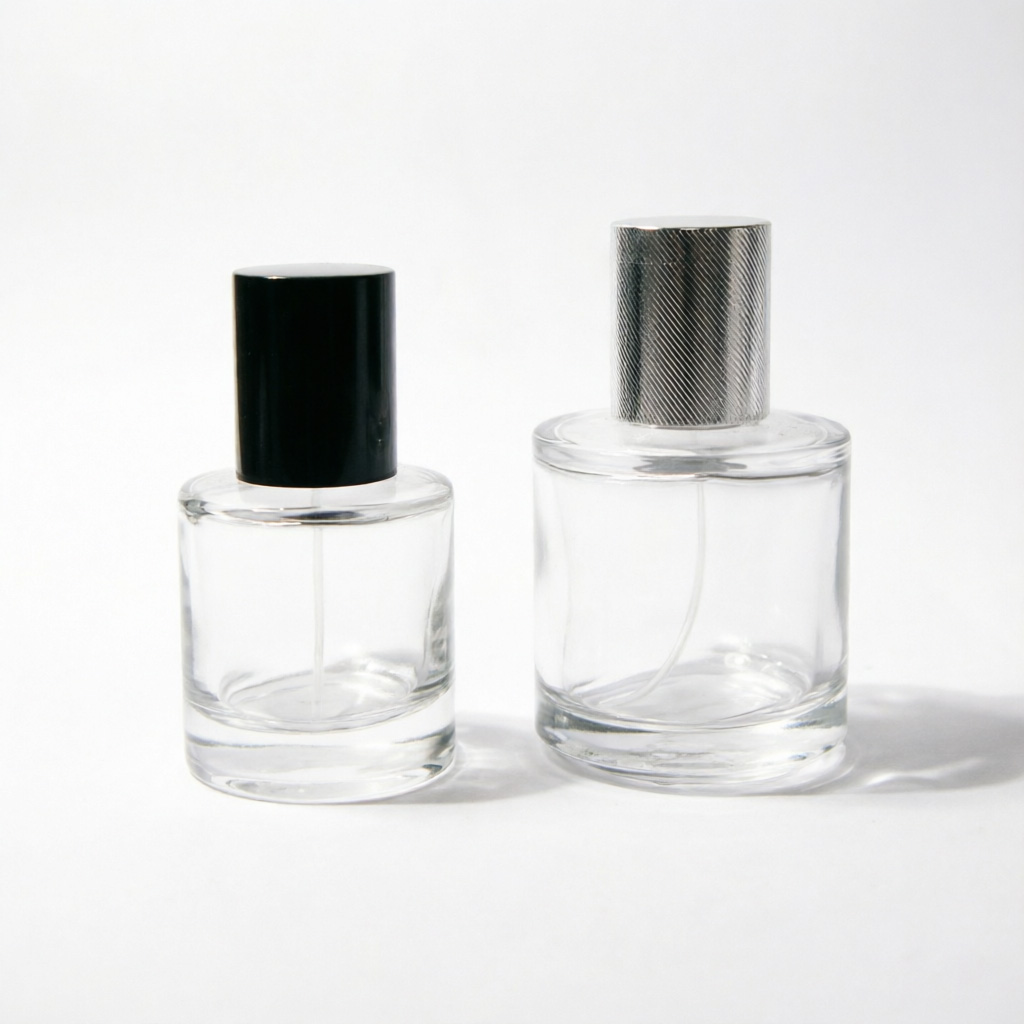 Round Glass Perfume Bottle with Silver or Black Metal Cap 50ml