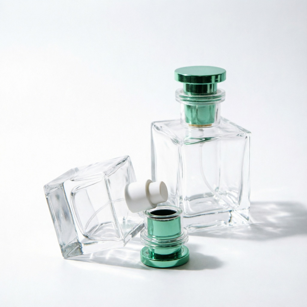 Inset Square Glass Perfume Bottle with Green Metal Cap 100ml
