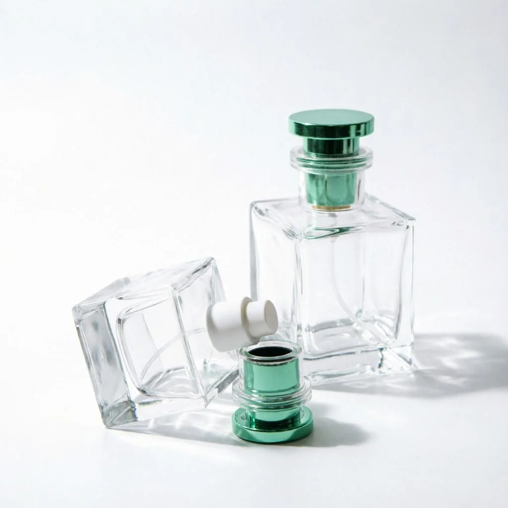 Inset Square Glass parfüm şişesi with Green Metal Cap 100ml
