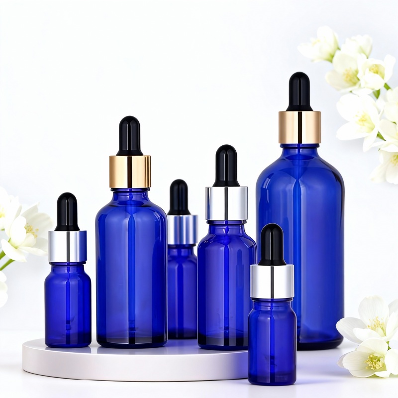 5ml, 10ml, 15ml, 20ml, 30ml, 50ml, 100ml Customizable round empty black glass bottles with black caps.