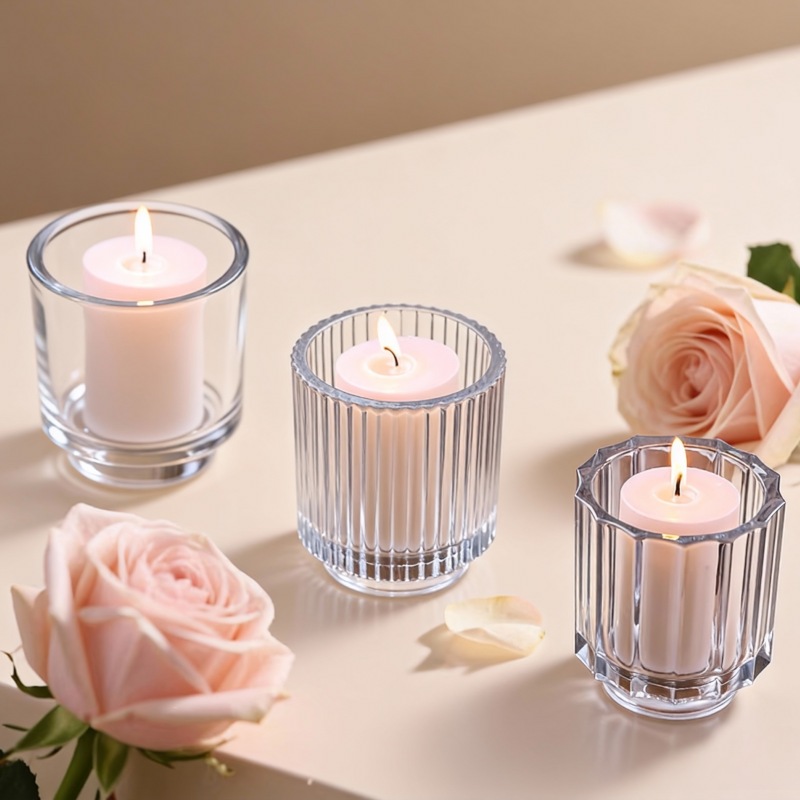 Vertical striped thick-bottomed glass candle cup