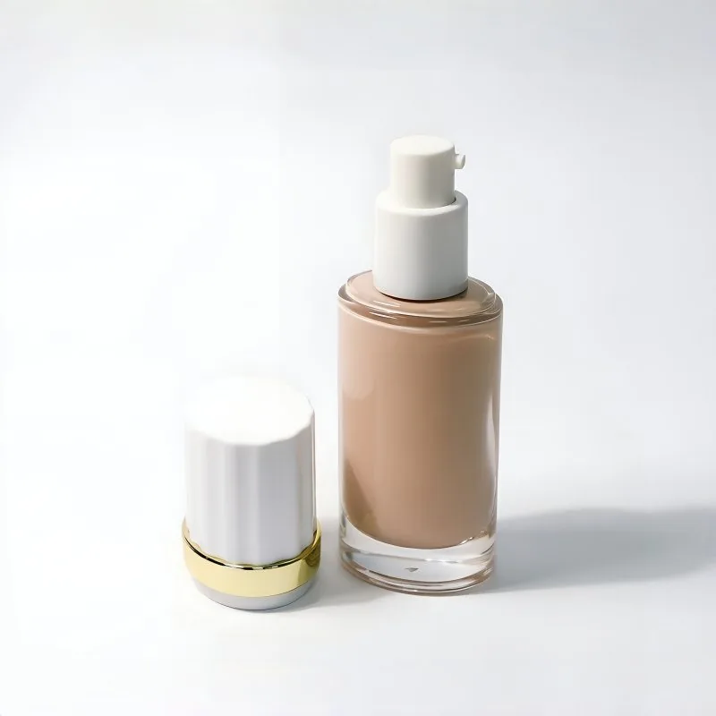 30ml Clear Cylindrical cam fondöten şişesi with White Ribbed Cap
