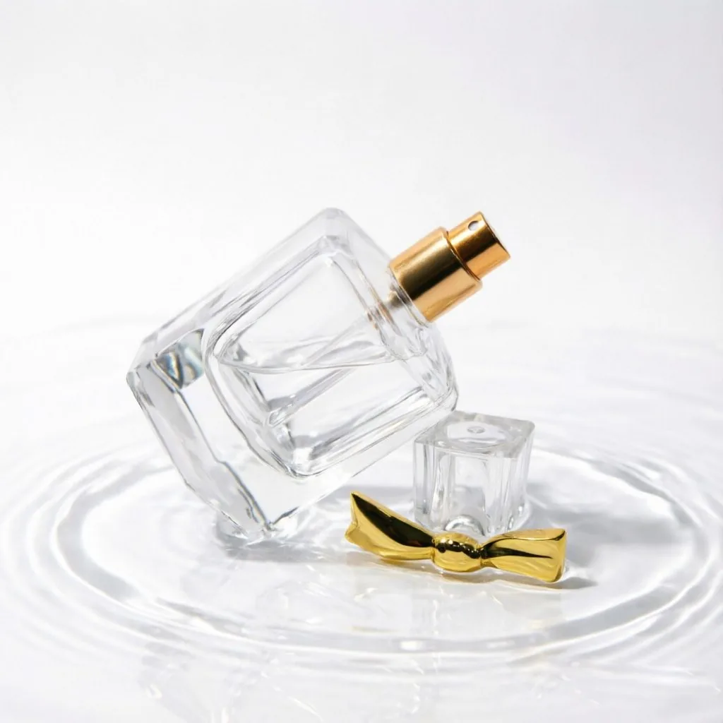 Thick Bottom Square Glass parfüm şişesi with Gold Bow Cap 50ml