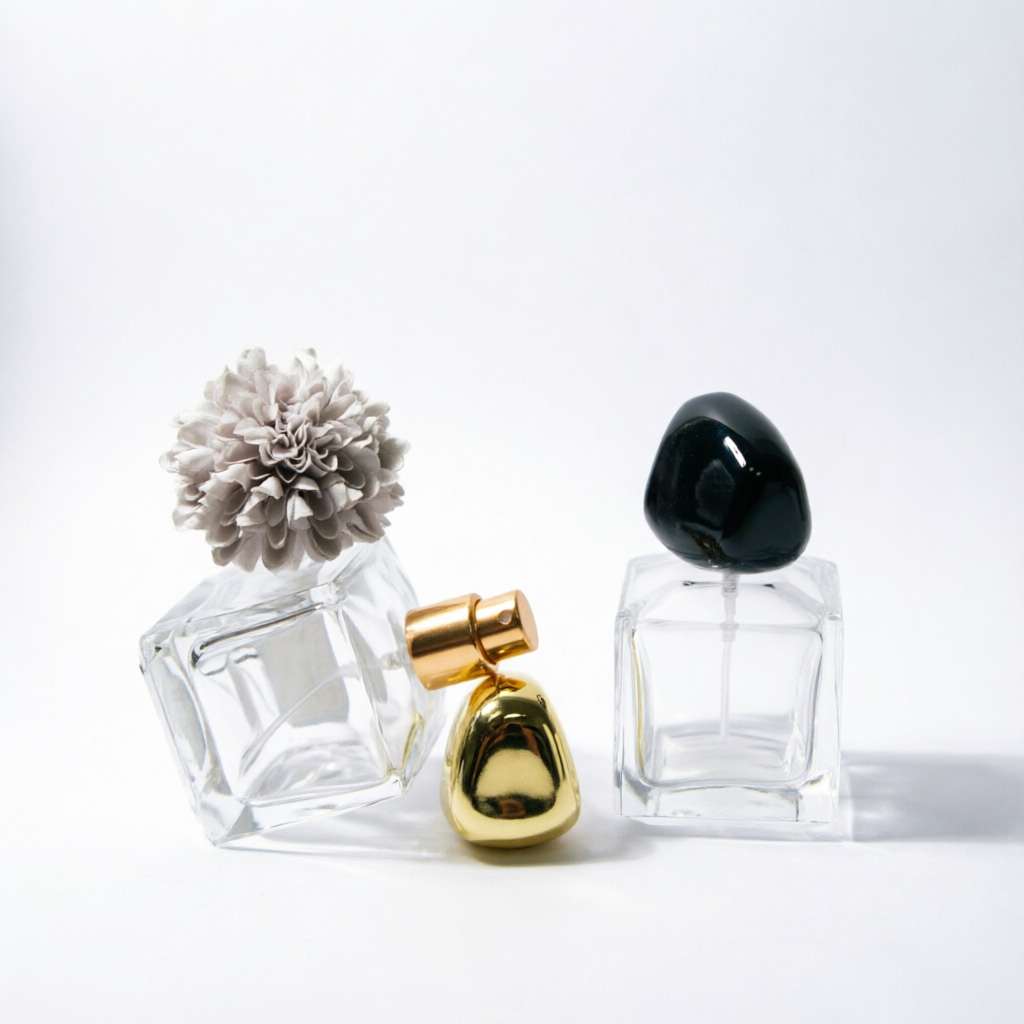 Square Glass Perfume Bottle with Black Gold Pebble Cap 50ml