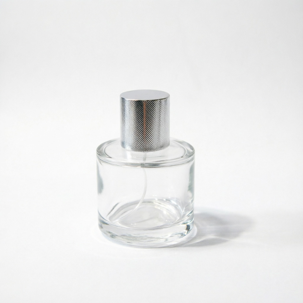 Round Glass Perfume Bottle with Silver or Black Metal Cap 50ml