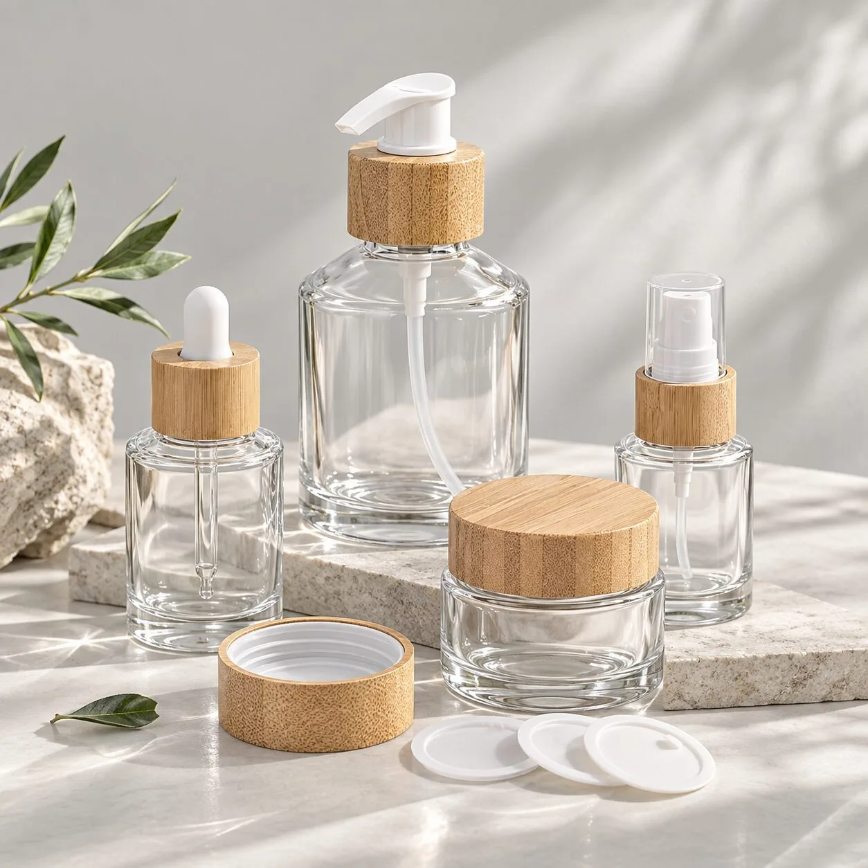 Cylindrical Bamboo & Wood-Style Cosmetic Bottle Closure