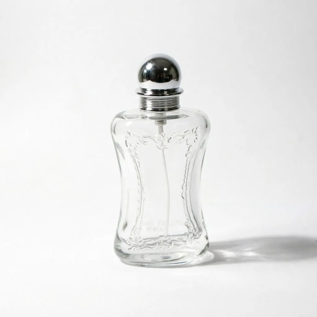 Curved Embossed Glass parfüm şişesi with Silver Ball Cap 50ml