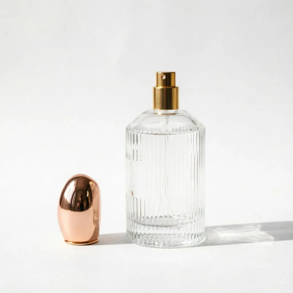 Ribbed Round Glass parfüm şişesi with Gold Spray Pump 100ml