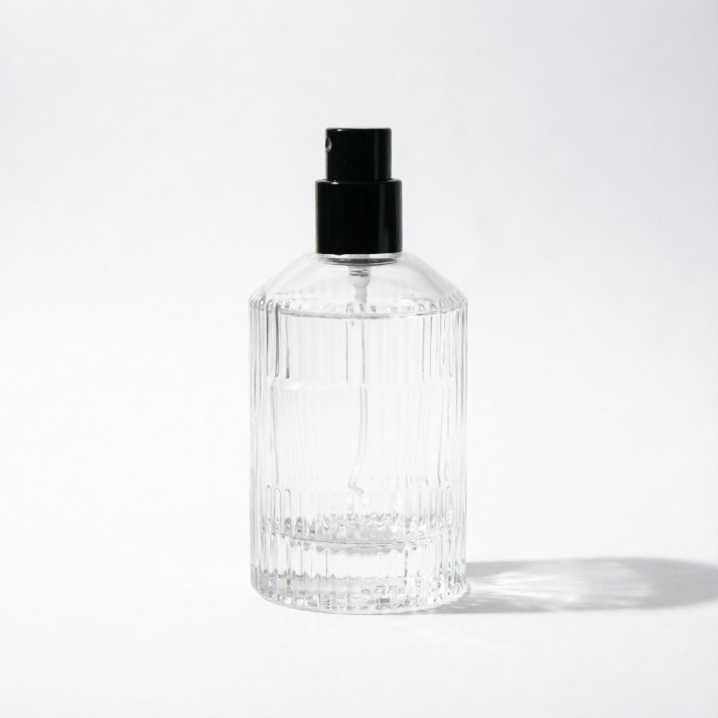 Ribbed Round Glass Perfume Bottle with Black Spray Pump 50ml