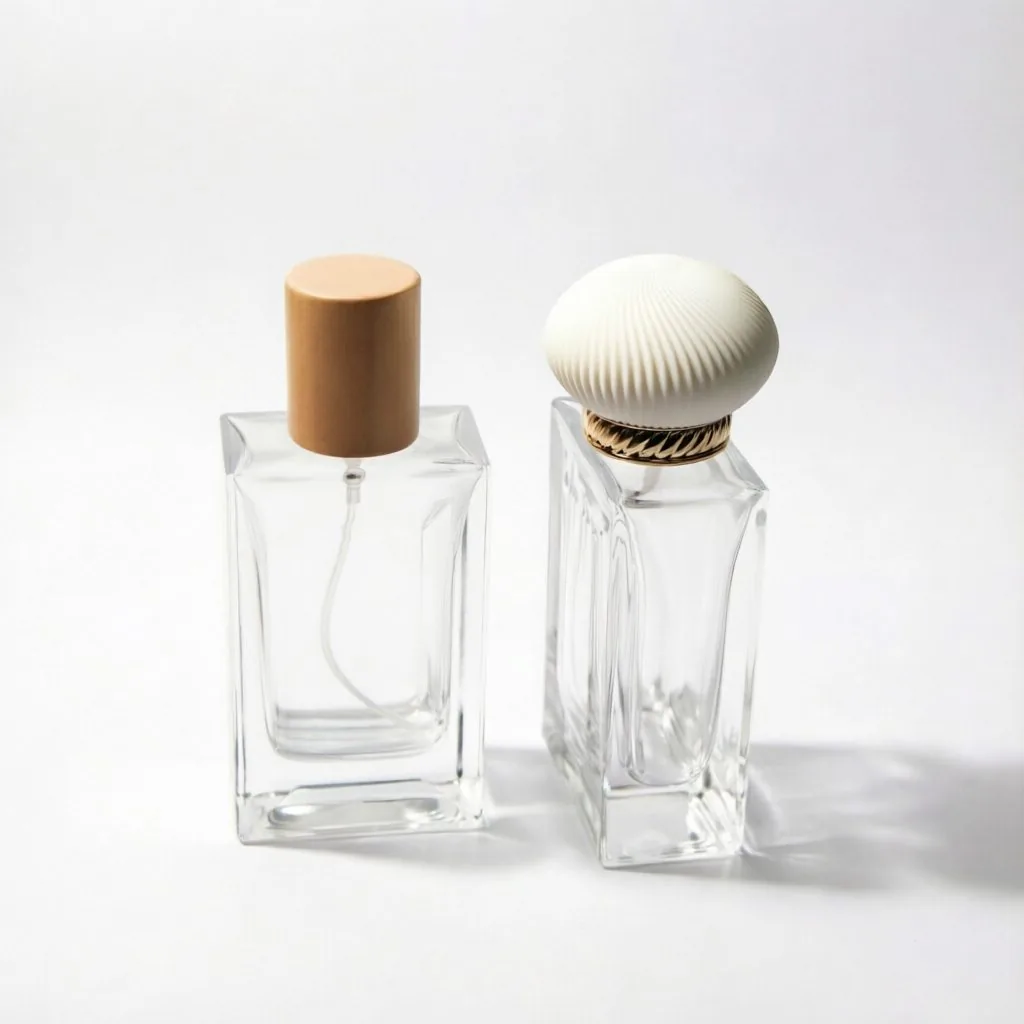 Square Glass زجاجة عطر with Wooden Cap or Shell Cap 50ml