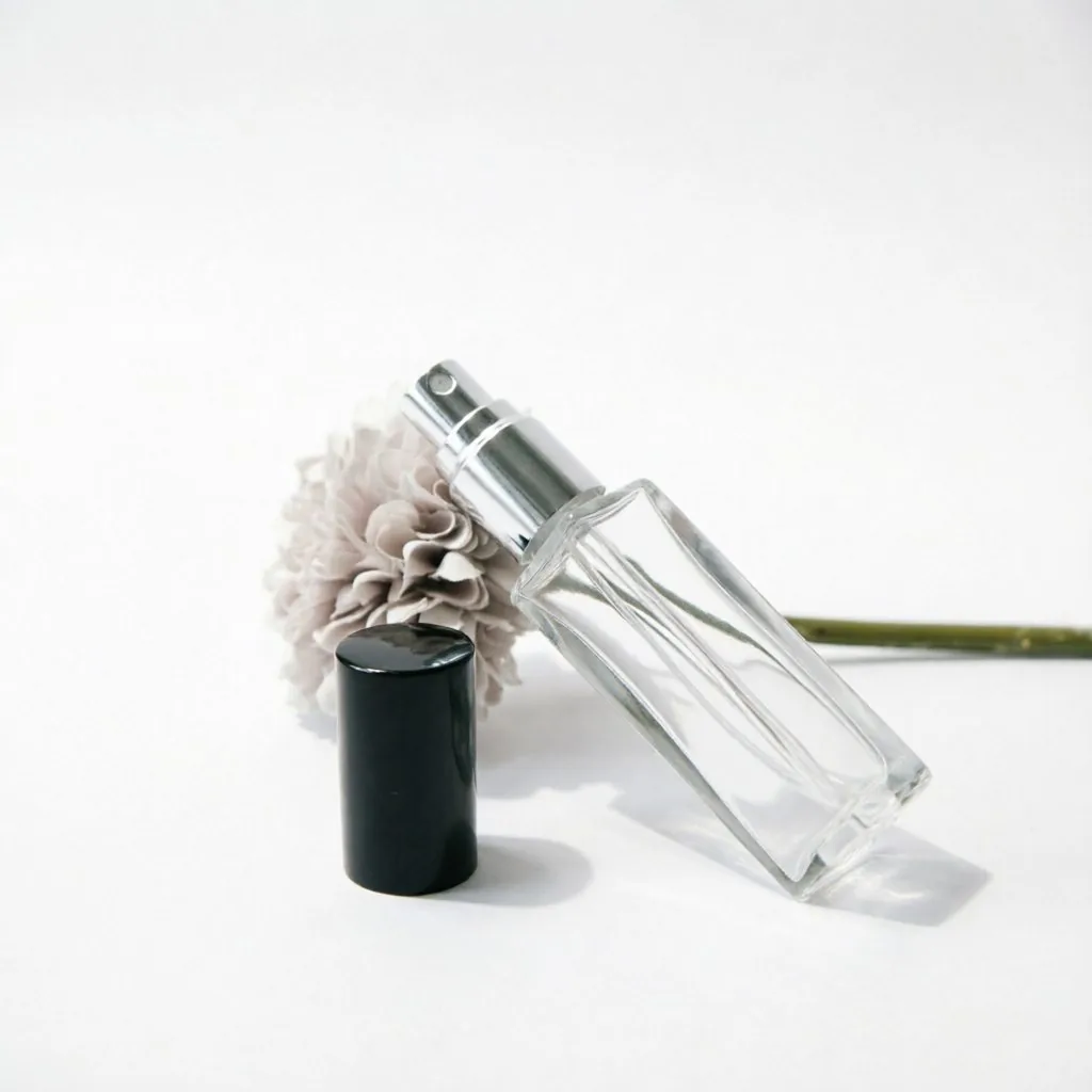 Mini Square Glass parfüm şişesi Collection with Black & Silver Caps