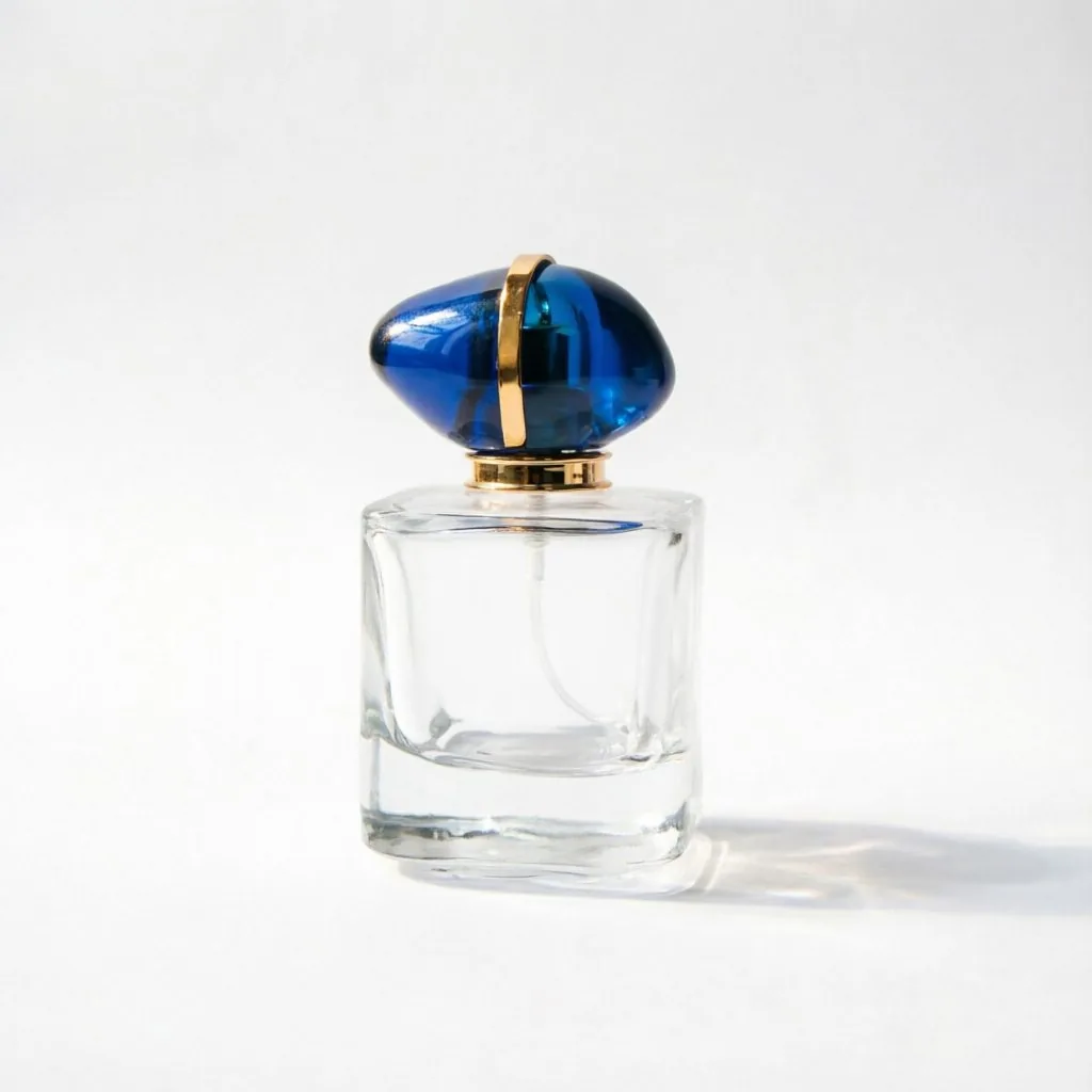 Square Clear Glass parfüm şişesi with Blue & Rose Gold Cap 50ml