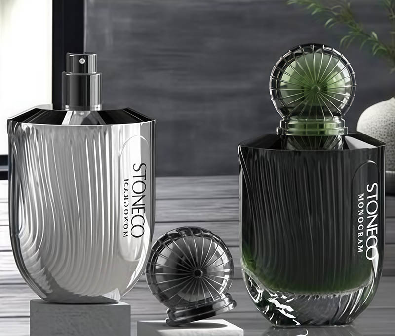 Luxurious transparent blue tinted glass perfume bottle with pump mechanism