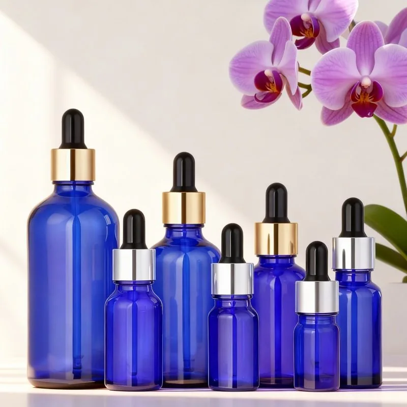5ml, 10ml, 15ml, 20ml, 30ml, 50ml, 100ml Customizable round empty black glass bottles with black caps.