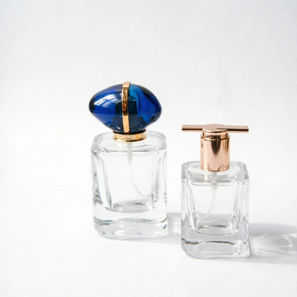 Square Clear Glass parfüm şişesi with Blue & Rose Gold Cap 50ml