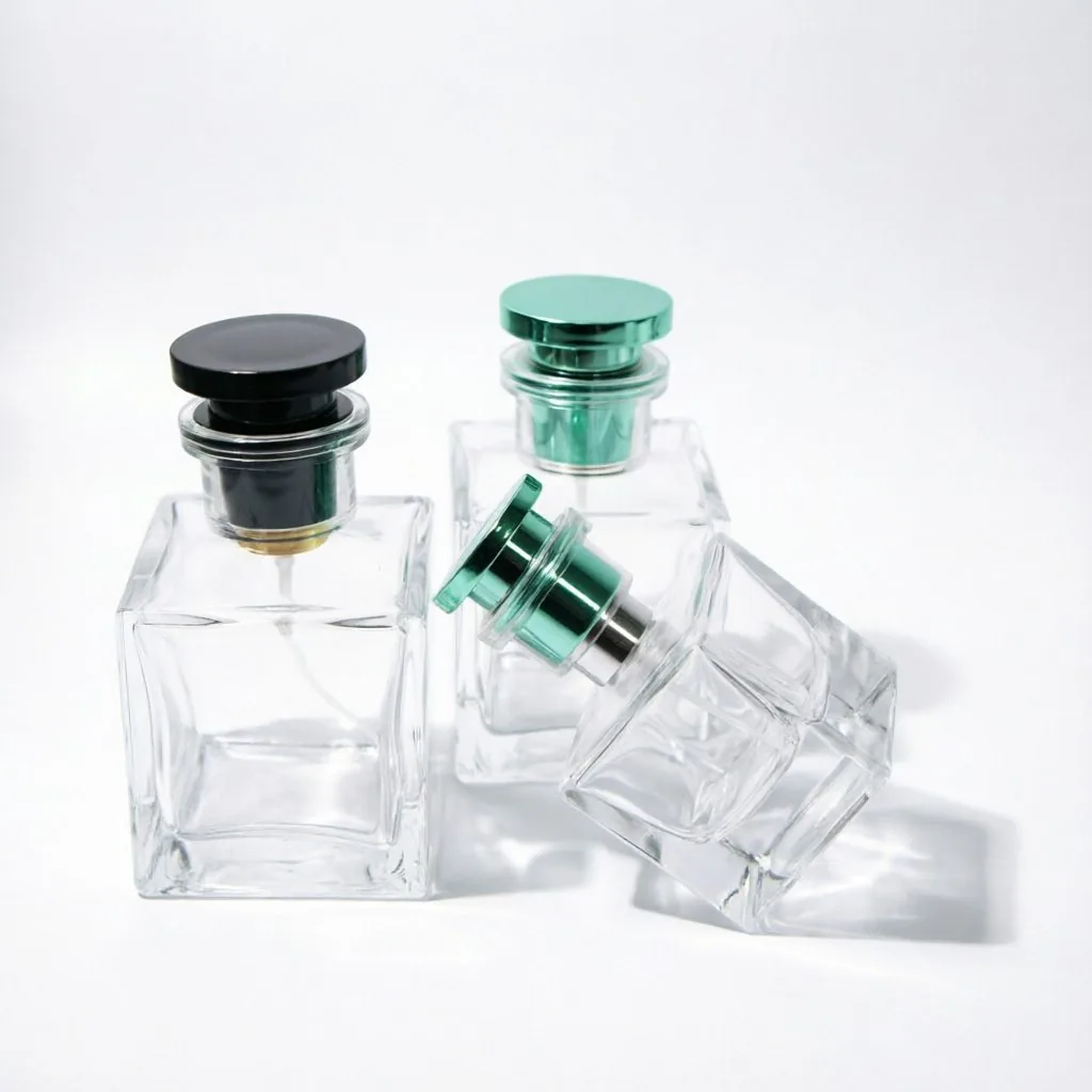 Inset Square Glass parfüm şişesi with Green Metal Cap 100ml