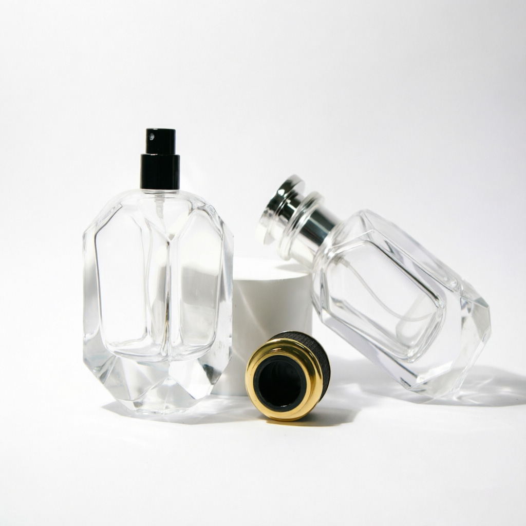 Multi-Faceted Glass Perfume Bottle with Black Gold Cap 50ml 100ml
