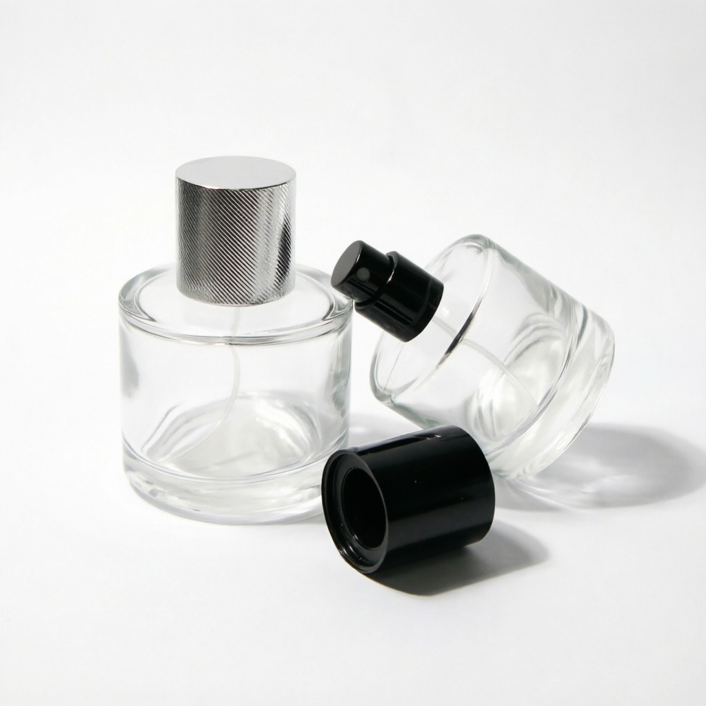 Round Glass Perfume Bottle with Silver or Black Metal Cap 50ml