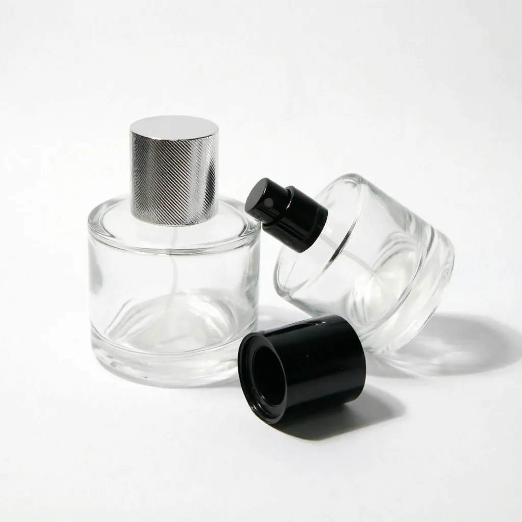 Round Glass Parfümflasche mit Silver or Black Metallkappe 50ml