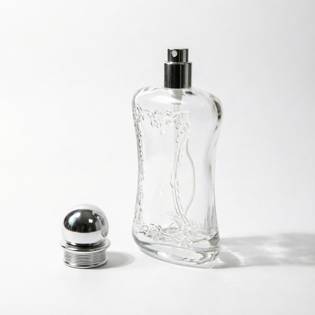 Curved Embossed Glass Perfume Bottle with Silver Ball Cap 50ml