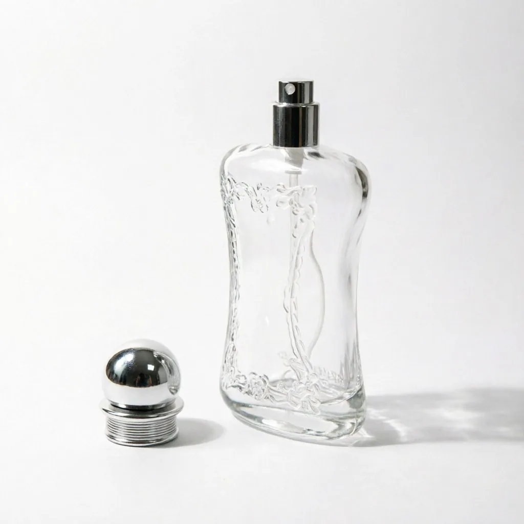 Curved Embossed Glass parfüm şişesi with Silver Ball Cap 50ml