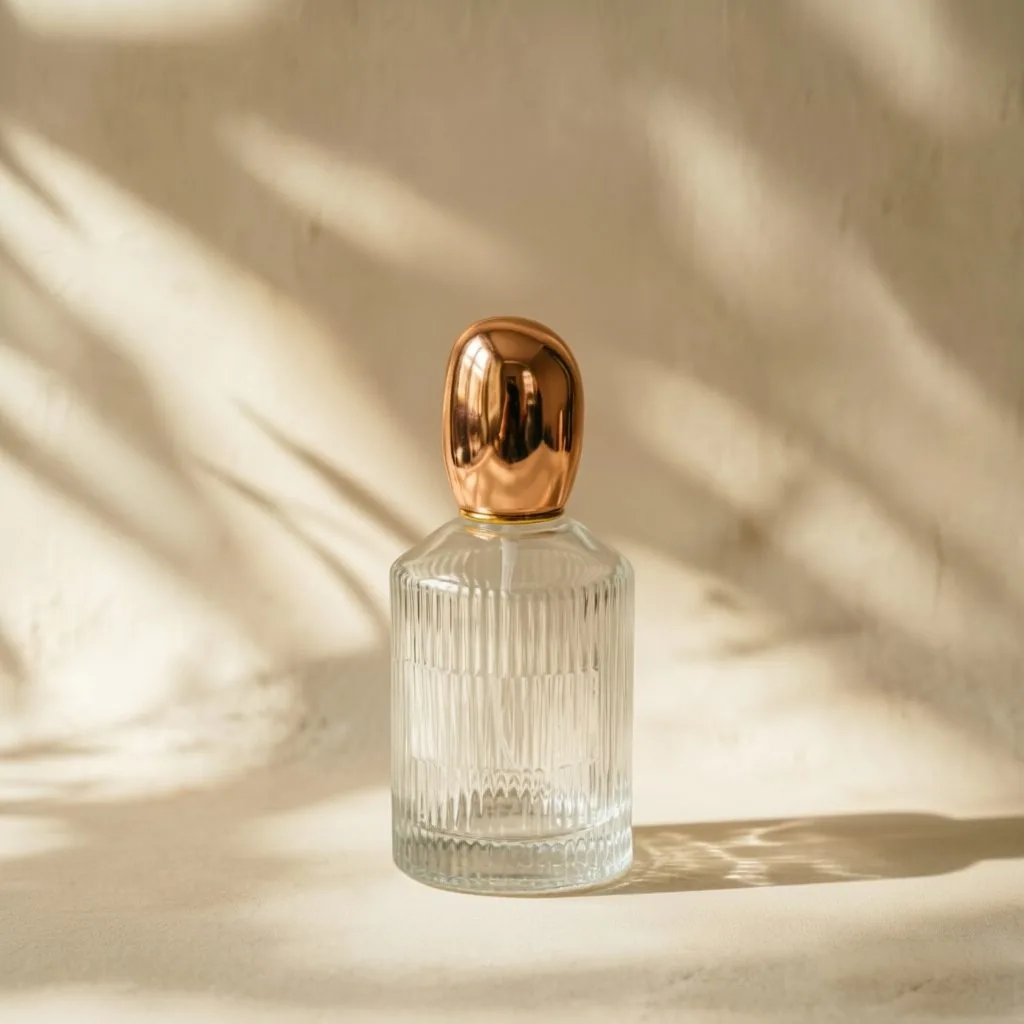 Ribbed Round Glass parfüm şişesi with Gold Spray Pump 100ml