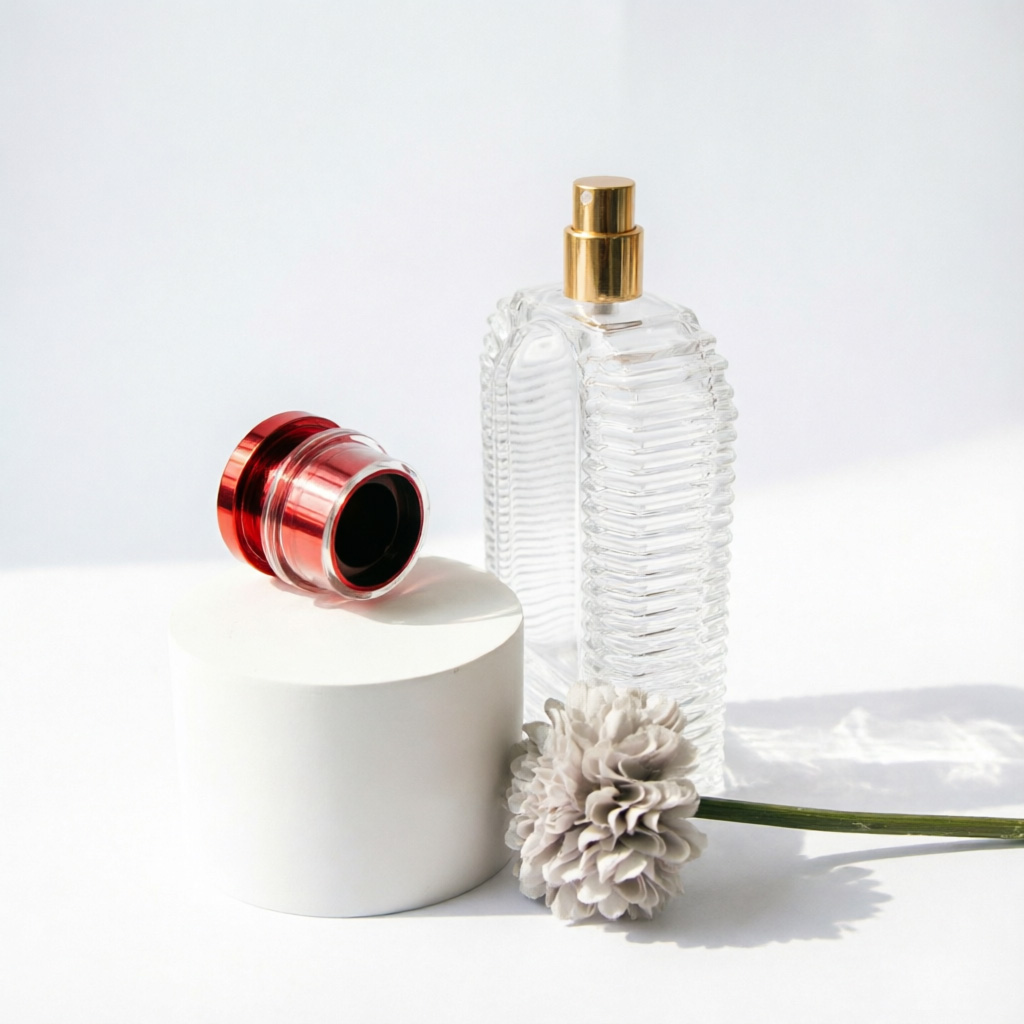 Vertical Ribbed Square Glass Perfume Bottle with Red Metal Cap 100ml 200ml