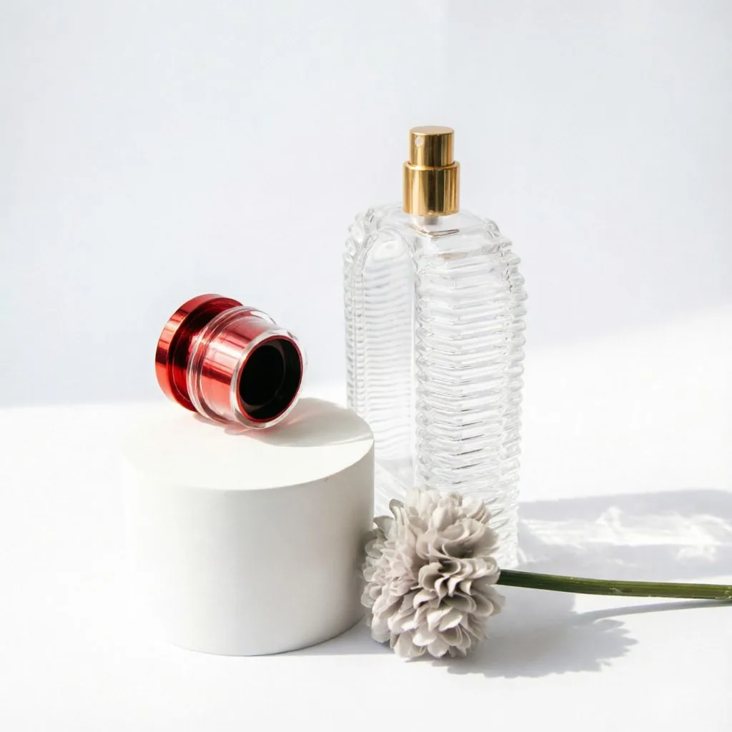 Vertical Ribbed Square Glass parfüm şişesi with Red Metal Cap 100ml 200ml