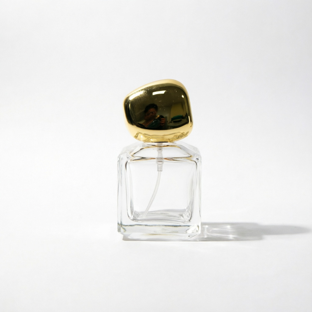Square Glass Perfume Bottle with Black Gold Pebble Cap 50ml