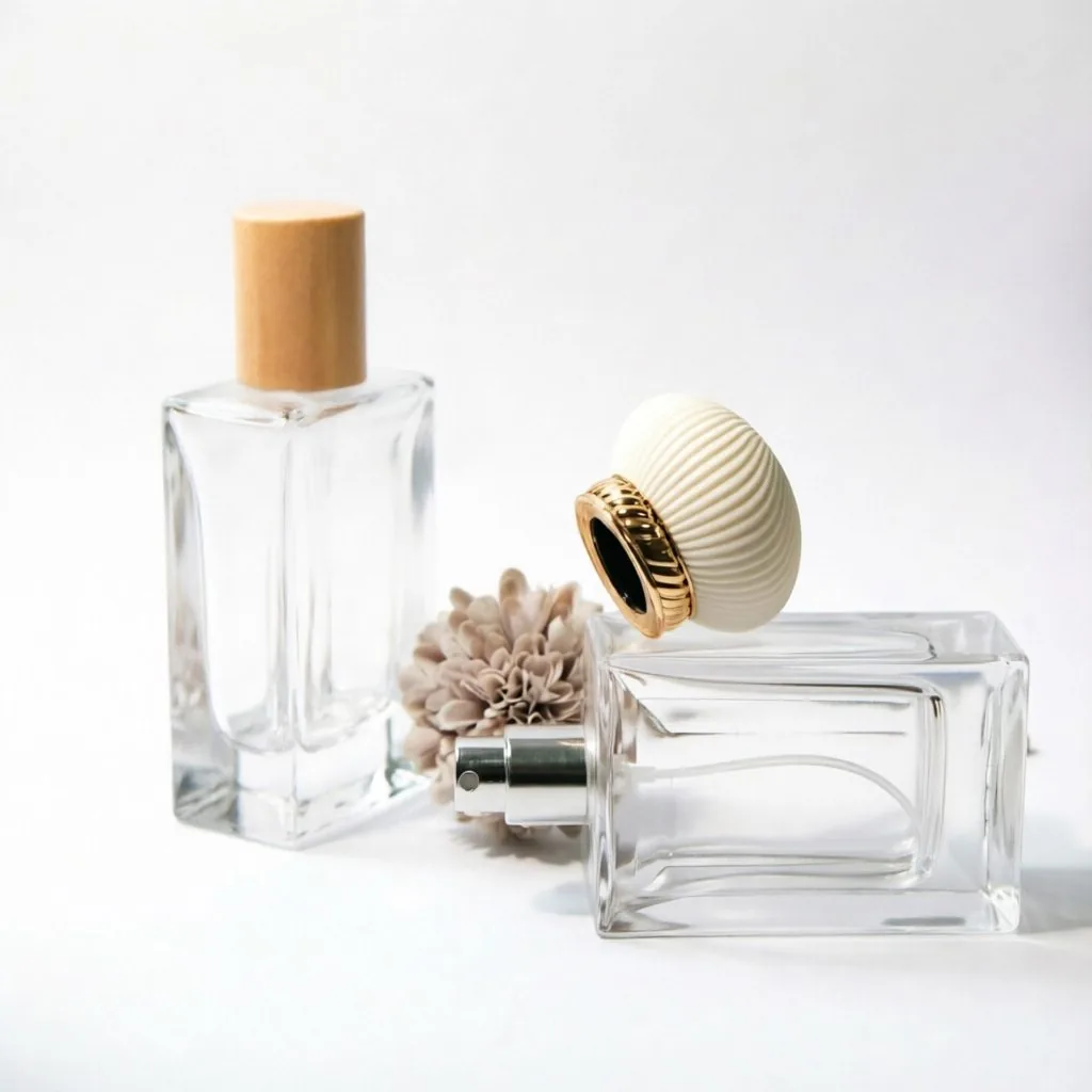 Square Glass زجاجة عطر with Wooden Cap or Shell Cap 50ml