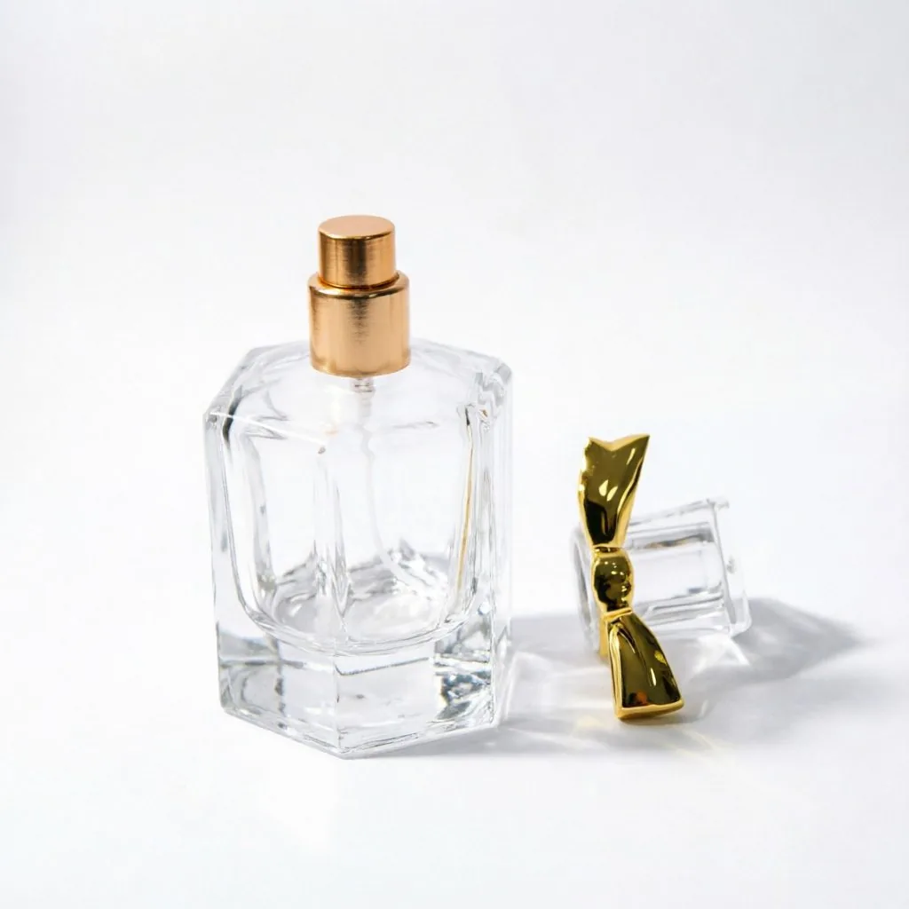 Thick Bottom Square Glass parfüm şişesi with Gold Bow Cap 50ml