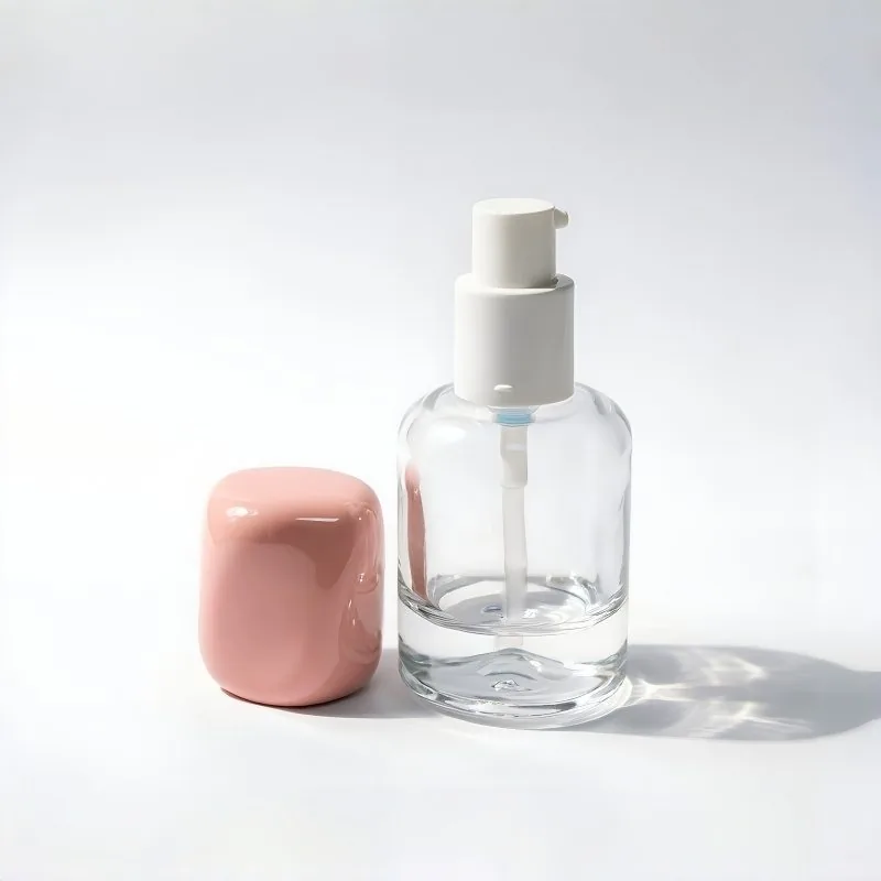 30ml Thick Bottom Round Glass Foundation Bottle with Glossy Peach Pink Cap