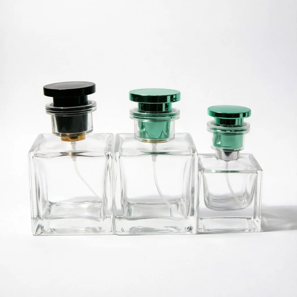 Inset Square Glass parfüm şişesi with Green Metal Cap 100ml