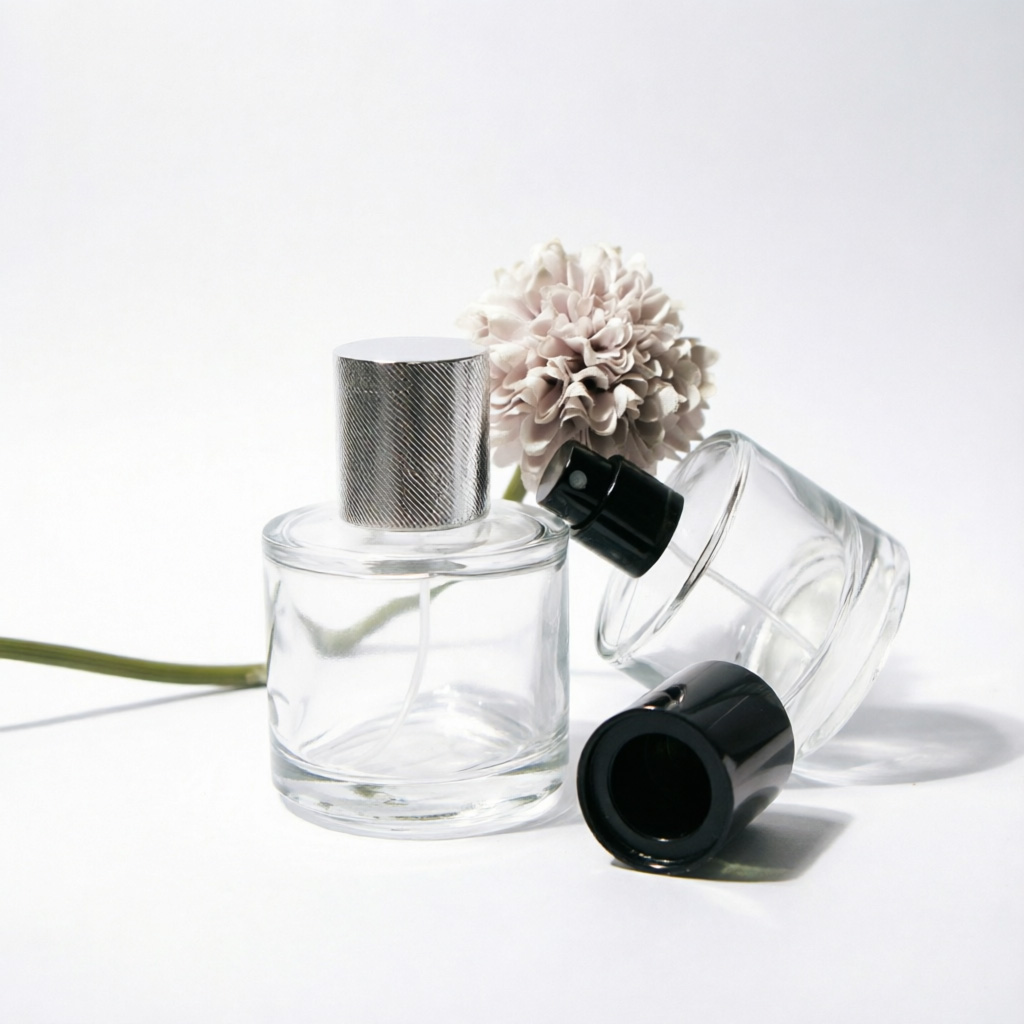 Round Glass Perfume Bottle with Silver or Black Metal Cap 50ml