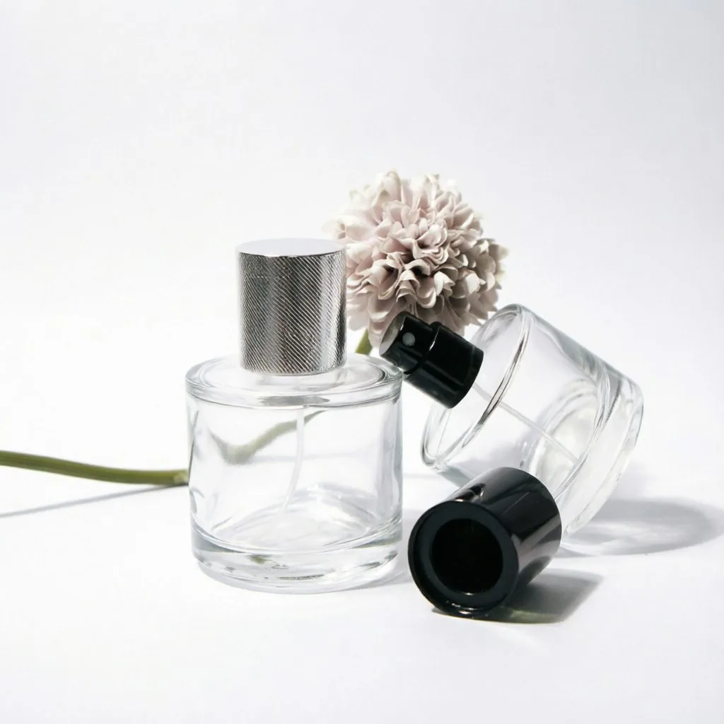 Round Glass Parfümflasche mit Silver or Black Metallkappe 50ml