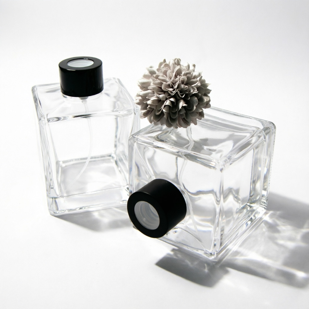 Square Clear Glass Reed Diffuser Bottle with Black Cap 200ml