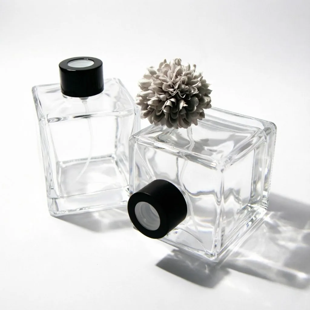 Square Clear Glass Reed Diffuser Bottle with Black Cap 200ml