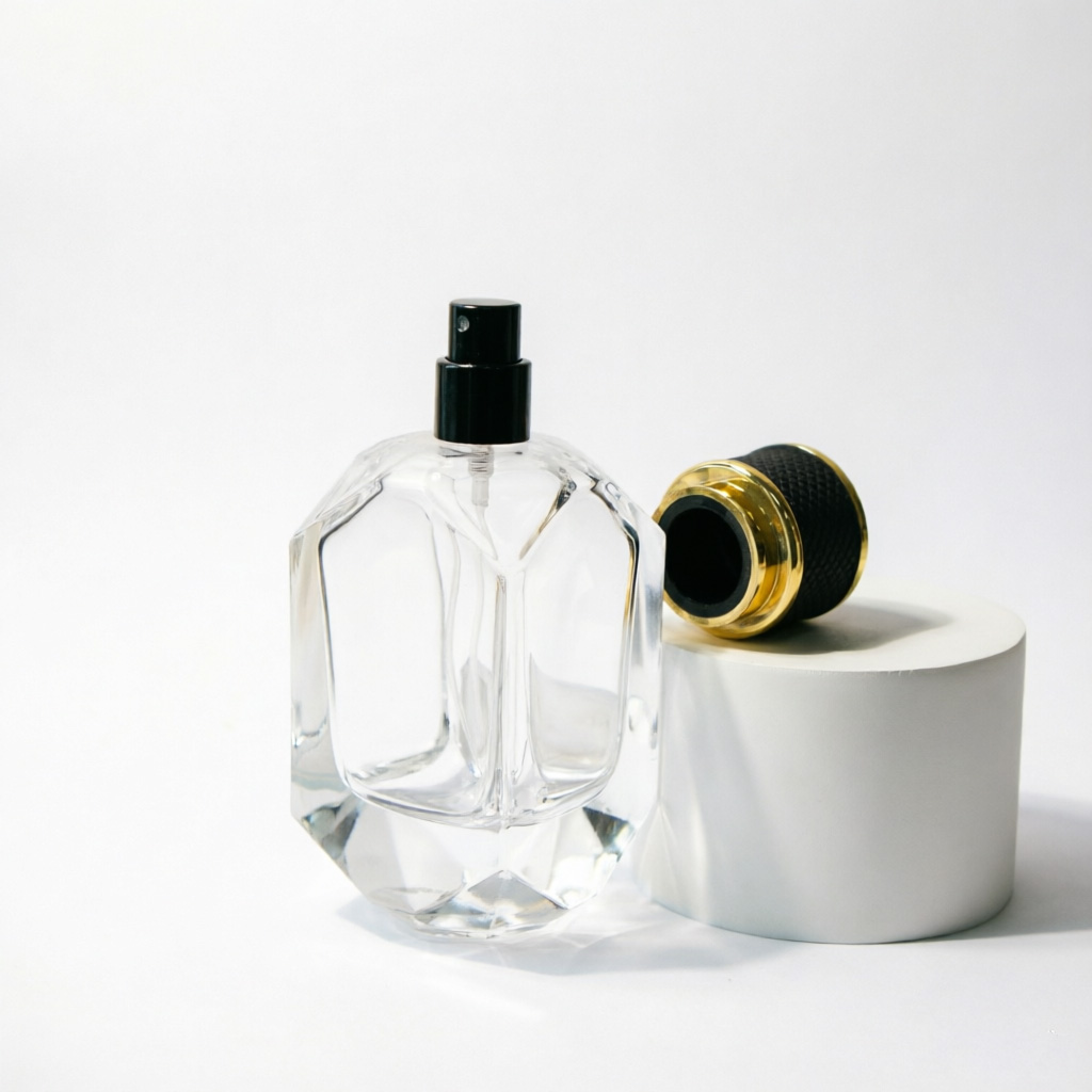 Multi-Faceted Glass Perfume Bottle with Black Gold Cap 50ml 100ml
