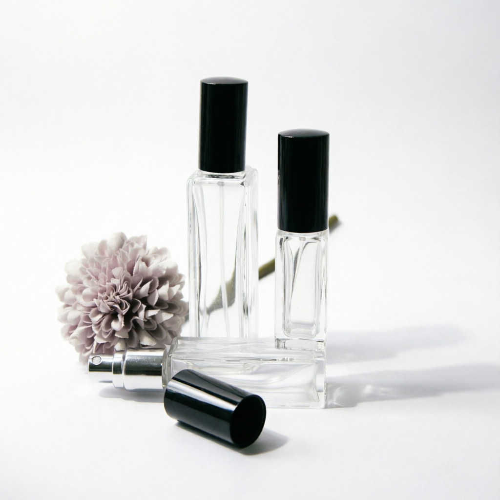 Mini Square Glass Perfume Bottle Collection with Black & Silver Caps